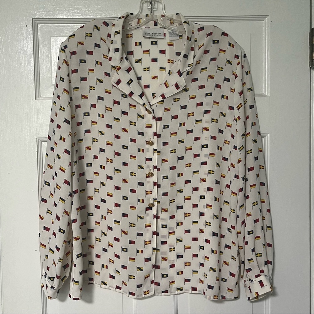 Liz Claiborne White and Red flags Patterned long sleeve Button Down sheer blouse